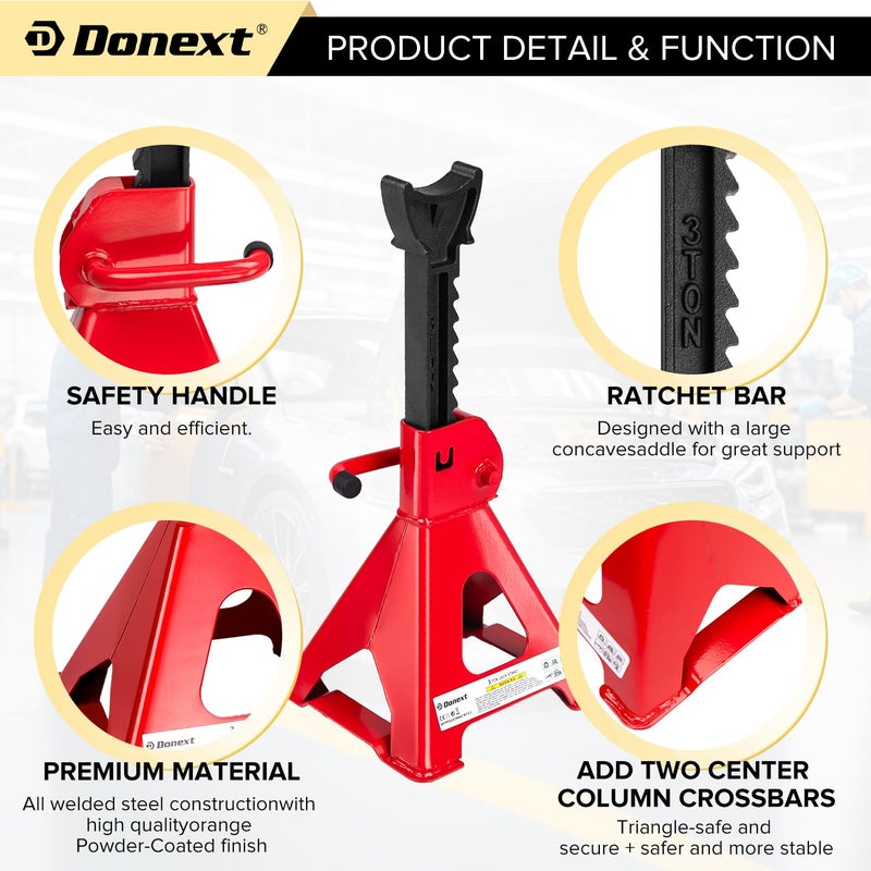 Donext Jack Stands 3 Ton (6 500 lb) Capacity Steel  1 Pair Red Lifting Stand Adjustable Jack Stands - Image 4